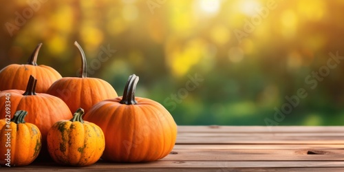 orange pumpkins on a wooden table, Thanksgiving illustration with free space for text