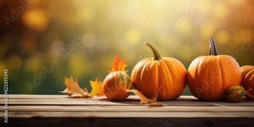 orange pumpkins on a wooden table, Thanksgiving illustration