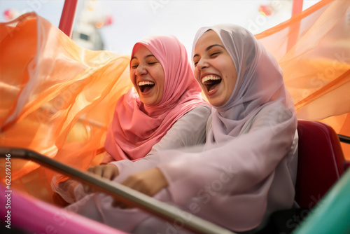 Fotografia A group of young muslim women wearing headscarves having fun together at the fai