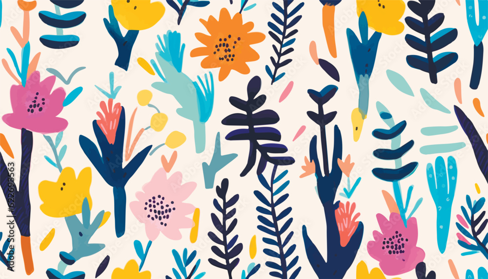 Fototapeta premium Artistic hand drawn cartoon cute style ornament pattern. Floral abstract trendy colorful print. Fashionable vector template for your design