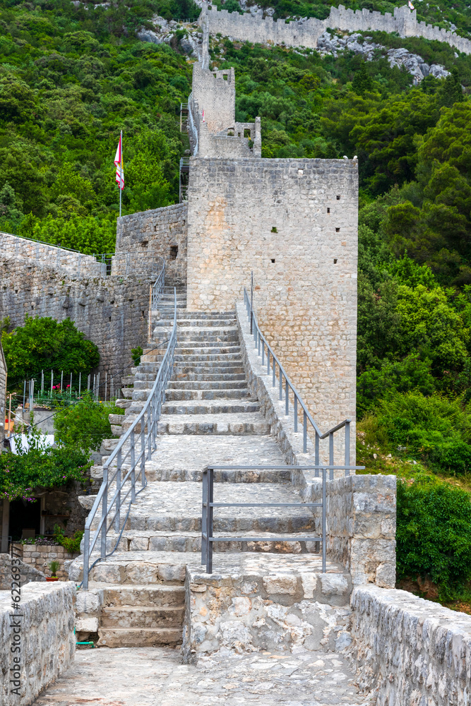 Ston, Croatia 05-06-2023.  View of Ston wall old fortress in Croatia.