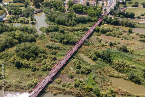 Aerial view of Reina Sofia bridge in Talavera de la Reina, a small town along the Tagus river in Toledo district, Spain. photo