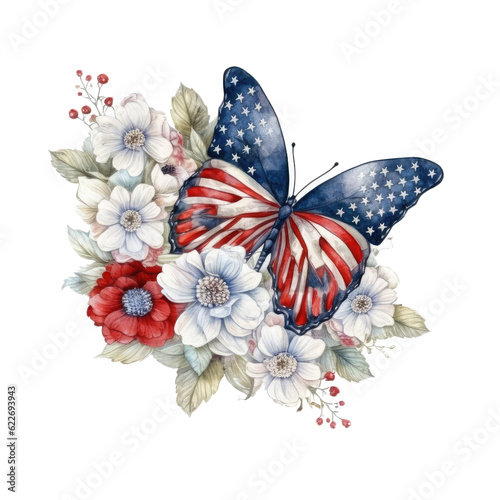 American Flag Butterfly  Fluttering Freedom  Watercolor Sublimation Celebrating USA's Independence Day in Colorful Splendor