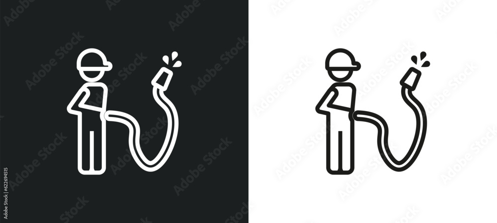 firefighter working outline icon in white and black colors. firefighter working flat vector icon from people collection for web, mobile apps and ui.