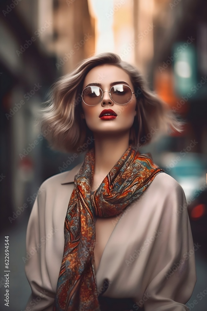 Urban Elegance The Enigmatic Woman in Sunglasses and Scarf, A Captivating Street Stroll, Generative AI