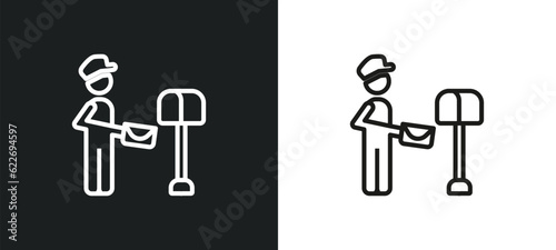 postman working outline icon in white and black colors. postman working flat vector icon from people collection for web, mobile apps and ui.