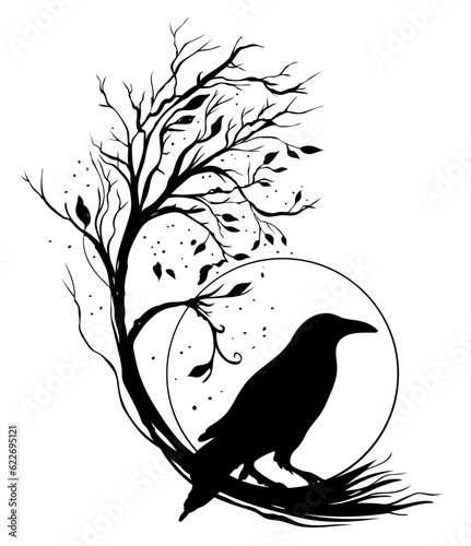 Rabe Krähe Mond und Baum Silhouette für Herbst Vektor. 