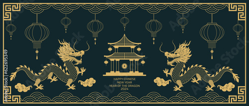 Happy chinese new year 2024 .Zodiac sign. Golden dragon on red background. New year background