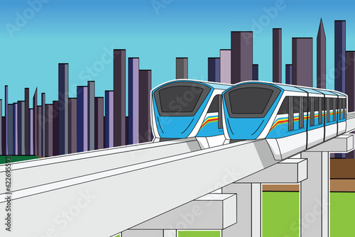 Concept of blue color passenger car Monorail sky train with monorail rail background with high rise buildings city view drawing in colorful cartoon vector