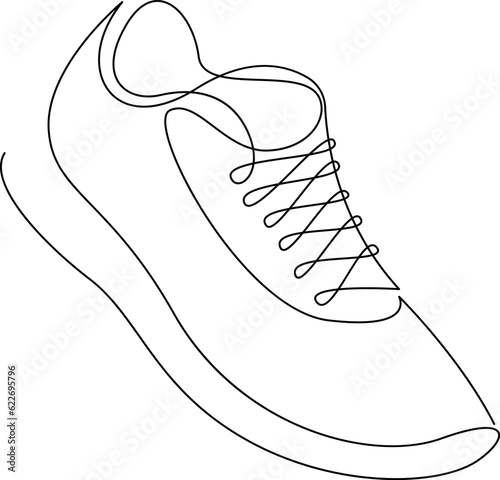Shoe single continuous line drawing. Sports shoes drawn in a one line art style. Sneakers isolated on white background. Minimalistic hand drawn vector illustration.
