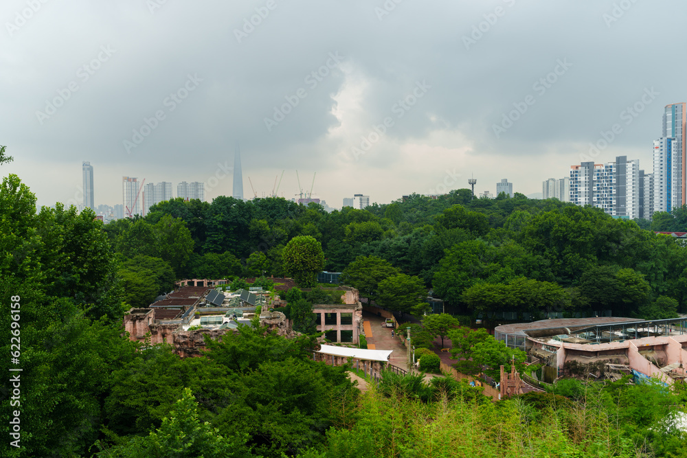 Obraz premium Urban landscape with many buildings beyond the park on a rainy day