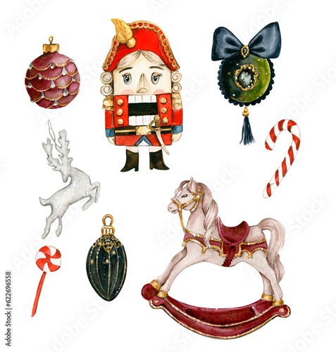 Set of elements for Christmas. Tree toys, girl, nutcracker, new year tree .Watercolor hand drawn illustration. Winter holiday.