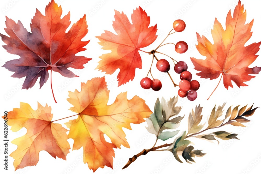 Fototapeta premium Watercolor Fall Decor Clip art on white background Generative AI 