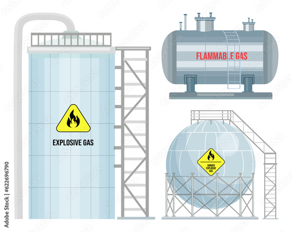 Vetor de Gas stations with ladder, flammable gas, explosive gas. Huge