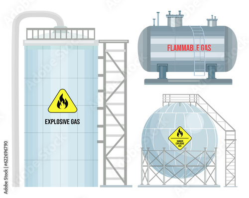 Gas stations with ladder, flammable gas, explosive gas. Huge storage tank for compressed gas. Dangerous under pressure. Industrial construction. Reservoir for butane, propane, methane. Different forms