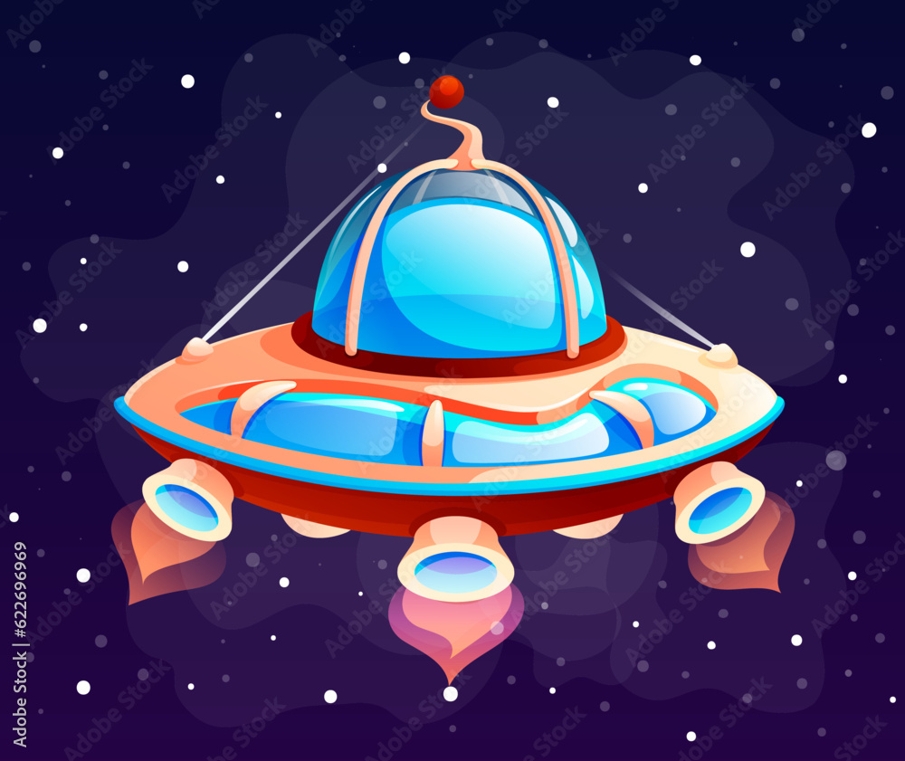 Space game element. Cartoon space object spaceship, flying saucer on outer space background. The alien ship, unknown flying object cosmic element on a dark blue background vector illustration Space game element. Cartoon space object spaceship, flying saucer on outer space background. The alien ship, unknown flying object cosmic element on a dark blue background vector illustration