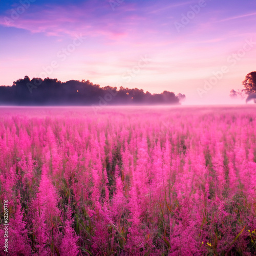 Pink meadow on a warm evening with pink clouds