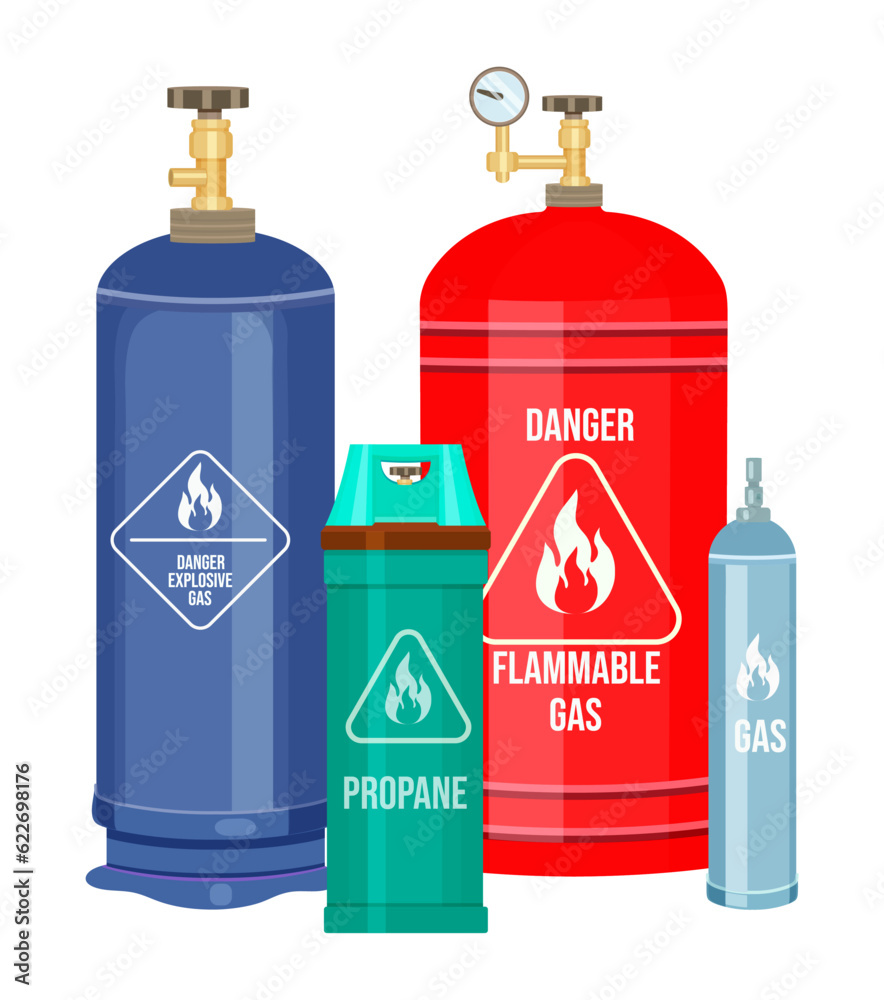 Set of gas cylinder vector tank. Propane bottle icon container. Oxygen gas cylinder canister fuel storage. Balloon with flammable sign. Oil fuel metal safety. Safe butane and propane, oxygen equipment Set of gas cylinder vector tank. Propane bottle icon container. Oxygen gas cylinder canister fuel storage. Balloon with flammable sign. Oil fuel metal safety. Safe butane and propane, oxygen equipment