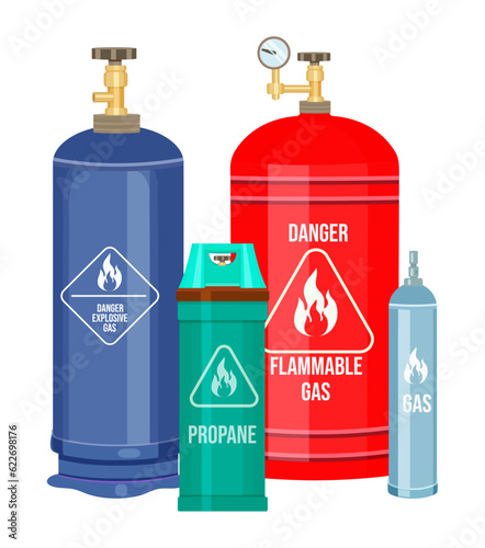 Set of gas cylinder vector tank. Propane bottle icon container. Oxygen gas cylinder canister fuel storage. Balloon with flammable sign. Oil fuel metal safety. Safe butane and propane, oxygen equipment