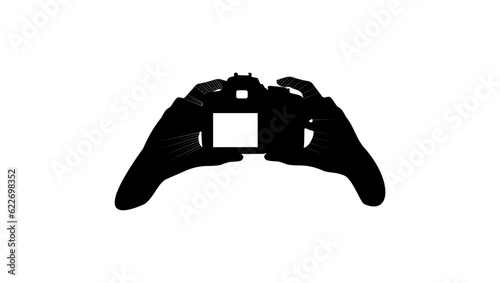 professional photographer, hands holding sparkling camera, working with light