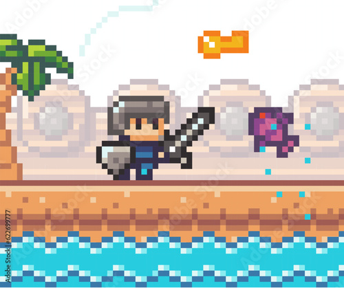 Pixel art style, character in game arcade play vector. Man with sharp sword and shield fighting against monster aliens. Game scene with wooden platforms on the river, palm, key and jumping fish