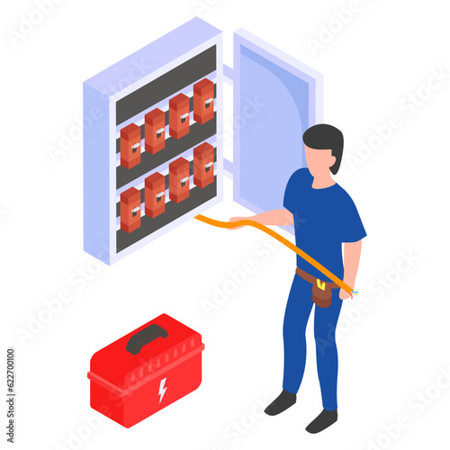 Troubleshooting Home Electrical Problem isometric Concept,Person holding plug cord vector icon design, Electrical engineer symbol, Wiring specialist Sign maintenance technician tool stock illustration