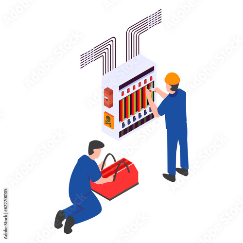 Main Distribution Board Control the power failure from the building switch panel of power plant isometric Concept vector icon design, Electrical engineer symbol, Wiring specialist Sign,
