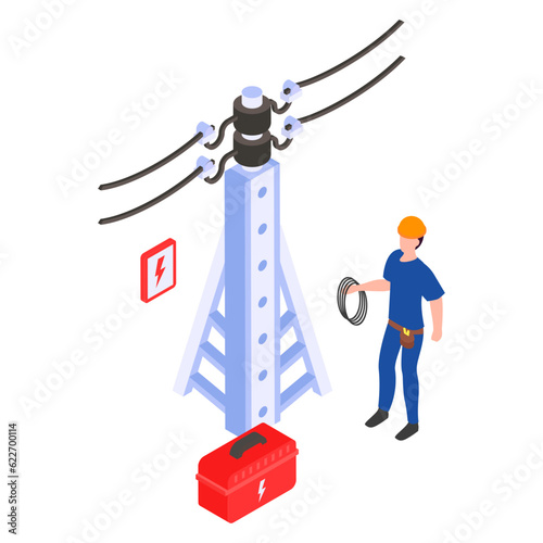 Technician fixing or repairing broken power line on electric pole isometric Concept, highly dangerous work vector icon design, Electrical engineer symbol, Wiring specialist Sign maintenance technician