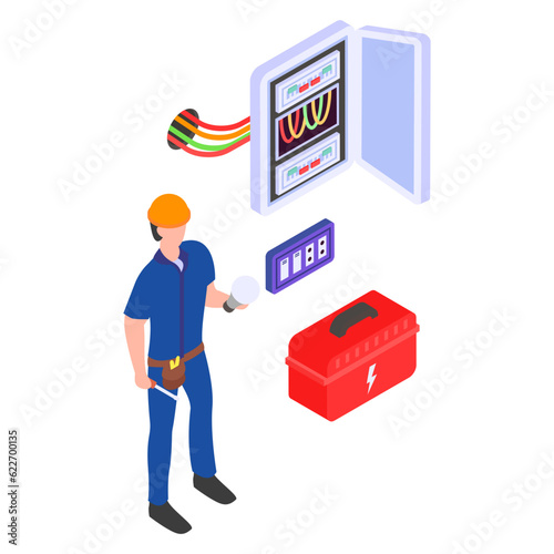 Identifying and Fixing Issues With Wiring at Home isometric Concept vector icon design, Electrical engineer symbol, Wiring specialist Sign, maintenance technician tools stock illustration