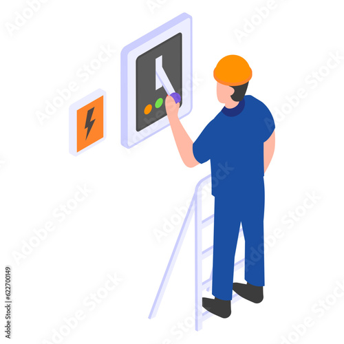 Switching off main electrical switch at distribution board isometric Concept vector icon design, Electrical engineer symbol, Wiring specialist Sign, maintenance technician tools stock illustration