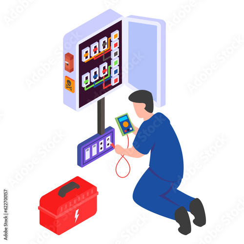 Electrical Wire Service Connector in Basement with Toolbox isometric Concept vector icon design, Electrical engineer symbol, Wiring specialist Sign, maintenance technician tool stock illustration