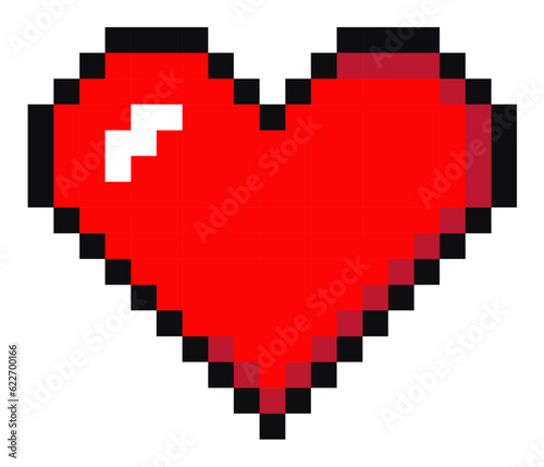 Pixel red heart icon isolated on white background. Vector illustration. Pixel art style 8-bit. Heart object to use in computer game, websites. Minimalistic pixel graphic romantic object symbol of life