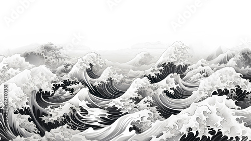 Seamless drawing wave Japanese style black and white Generative AI