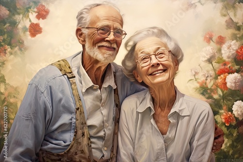 Happy Senior couple etired  favorite  art painting and drawing ,reated at garden flower with generative ai. photo