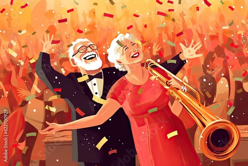 Happy senior couple retired , See your live jazz music concert ,people background,Generative AI photo