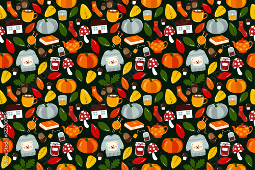 Kawaii cartoon seamless pattern with autumn cute things on dark background for kids, for nursery. Fall mood