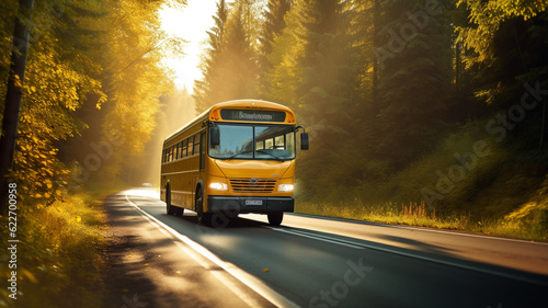 School bus on road outdoors. Transport for student