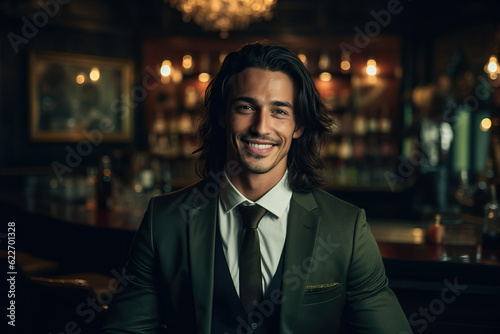 attractive smiling multi-ethnic man in bar created with generative AI