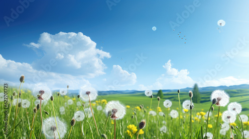 Dandelions dotting a green spring field beneath a serene blue sky  embodying nature s delicate beauty