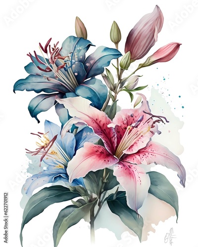 watercolor bouquet of lilies on white background, generated Ai
