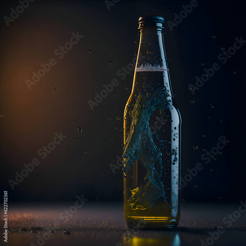 frozen chilled beer bottle water droplet splashing beer by generative AI