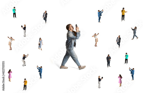 Different people  men and women using gadgets  taking selfie with phone . Social media. Influencers. Conceptual collage. Isometric view.