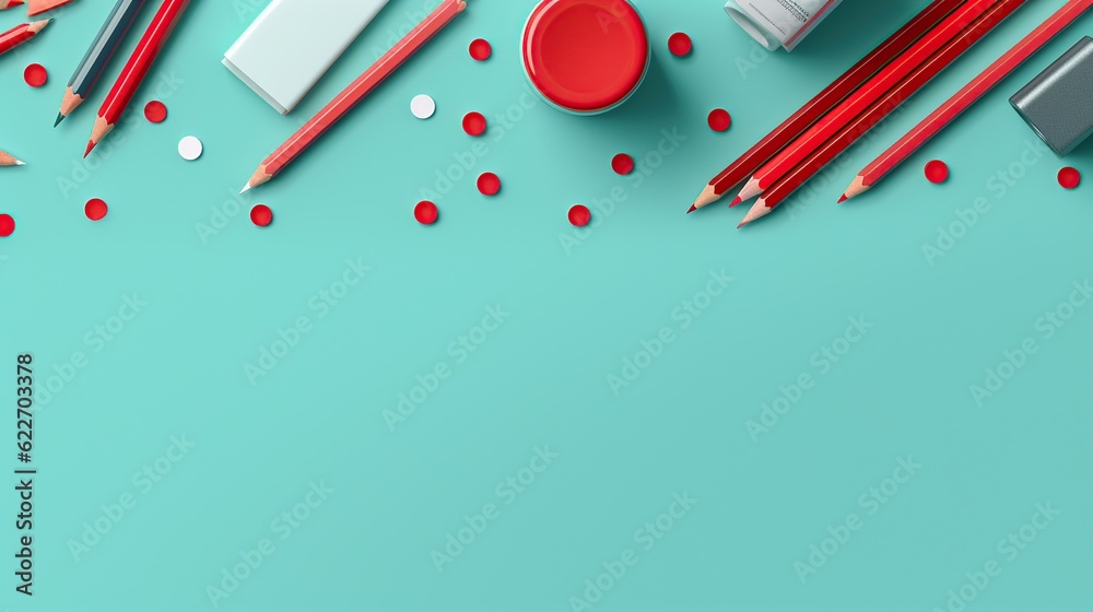 3D red pencils onon free blue paper,back to school concept free space for text 3D red pencils onon free blue paper,back to school concept free space for text
