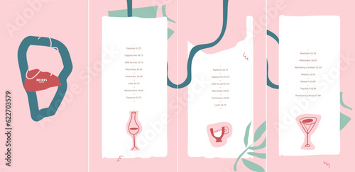 Drinks menu. Vector template. List, flyer, menu, banner. Layout for outdoor restaurant, pool bar. Abstract forms, stylized images of glasses for wine, coffee, cocktail. 