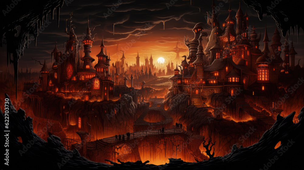 Amidst a room bathed in shades of dark orange and light brown, a towering castle emerges, creating an atmosphere of haunting enchantment for Halloween