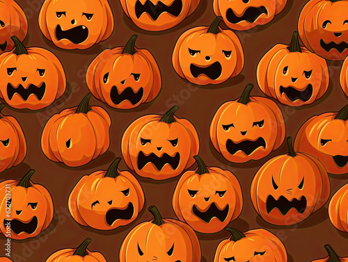 Halloween pumpkins with scary emotions on brown background, creating a spooky atmosphere