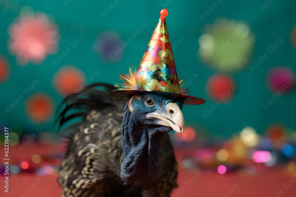 Funny and friendly cute turkey wearing a birthday party hat in studio, on a vibrant, colorful background. Generative AI Funny and friendly cute turkey wearing a birthday party hat in studio, on a vibrant, colorful background. Generative AI