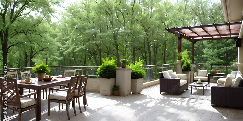 Sitting place in outdoor resort house terrace exterior with green foliage of trees