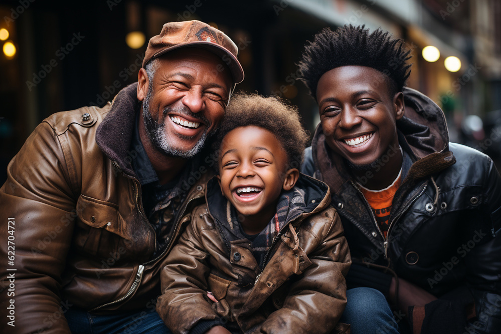 African American LGBT family. Two fathers and son laughing together. Generative AI