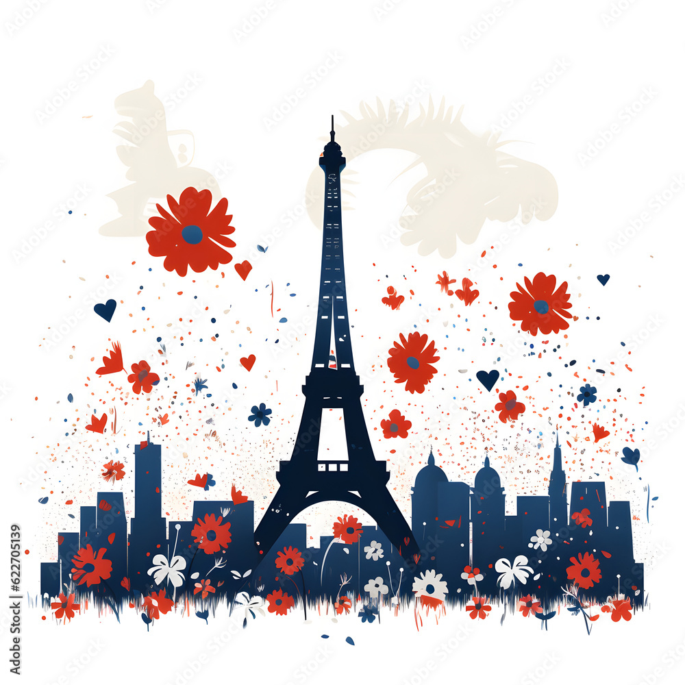 This minimalist vector illustration of the Eiffel Tower in the background of a Bastille Day flower-filled Paris was designed by AI. Perfect for websites and blogs.